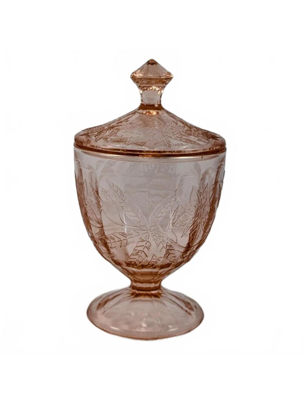 Jeannette Pink Depression Glass Poinsettia Lidded Candy Jar - glows!